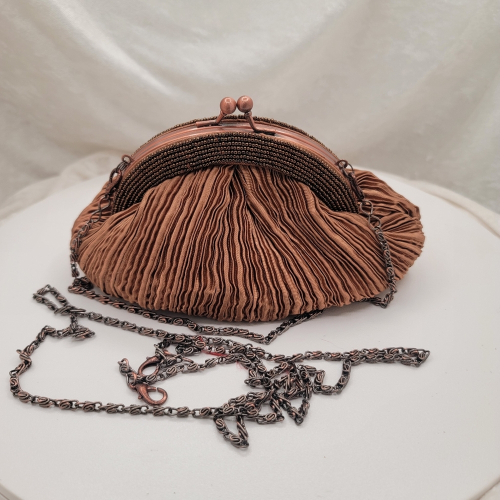 Carlo Fellini Bronze Pleated Satin and Beaded Bag Purse - Picture 5 of 6